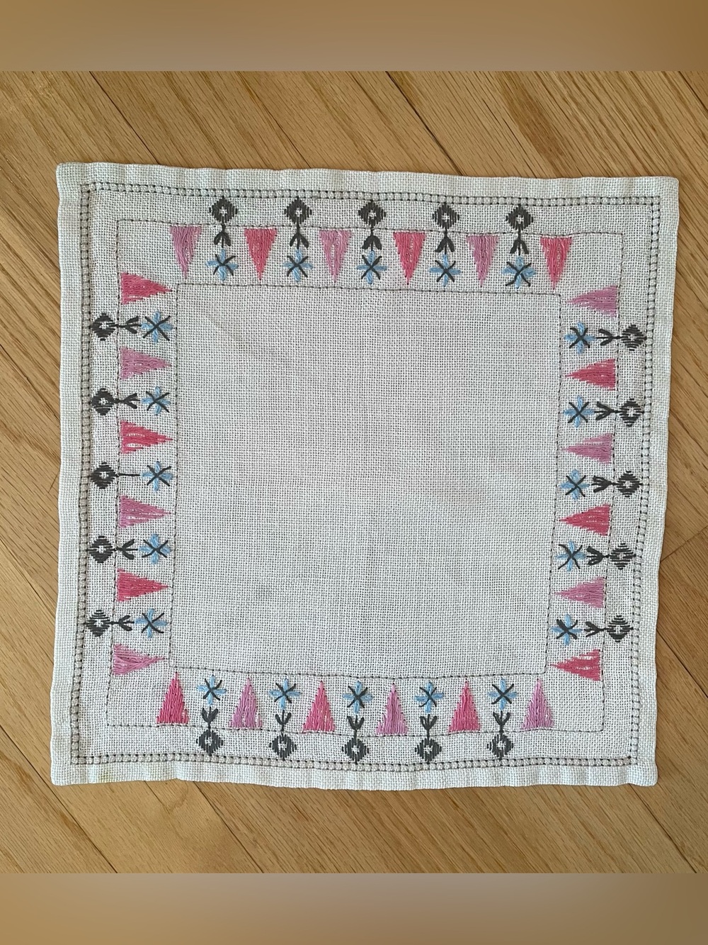 Vintage Hand-Embroidered Linen Decorative Cloth 12” Square